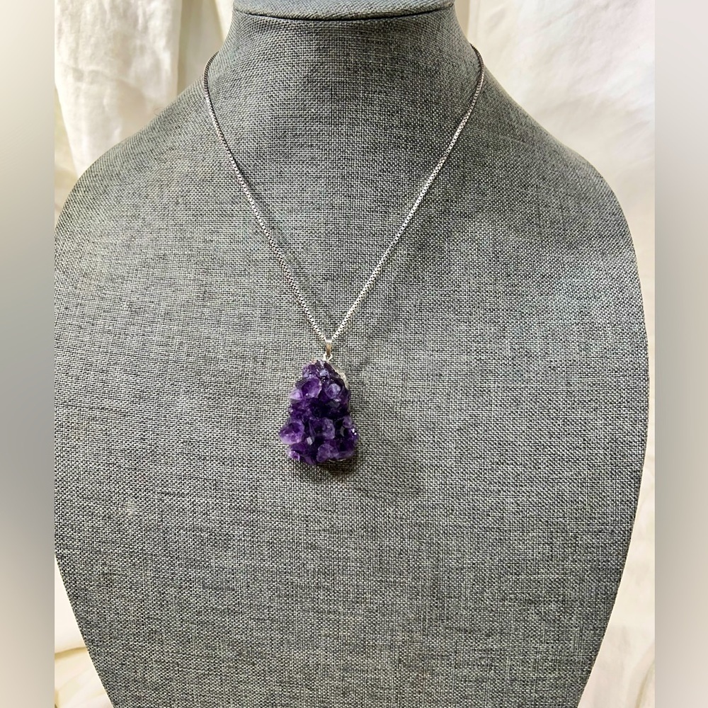 Natural Cluster Amethyst 925 Solid Sterling Silver Unisex Pendant 40mm.☑️